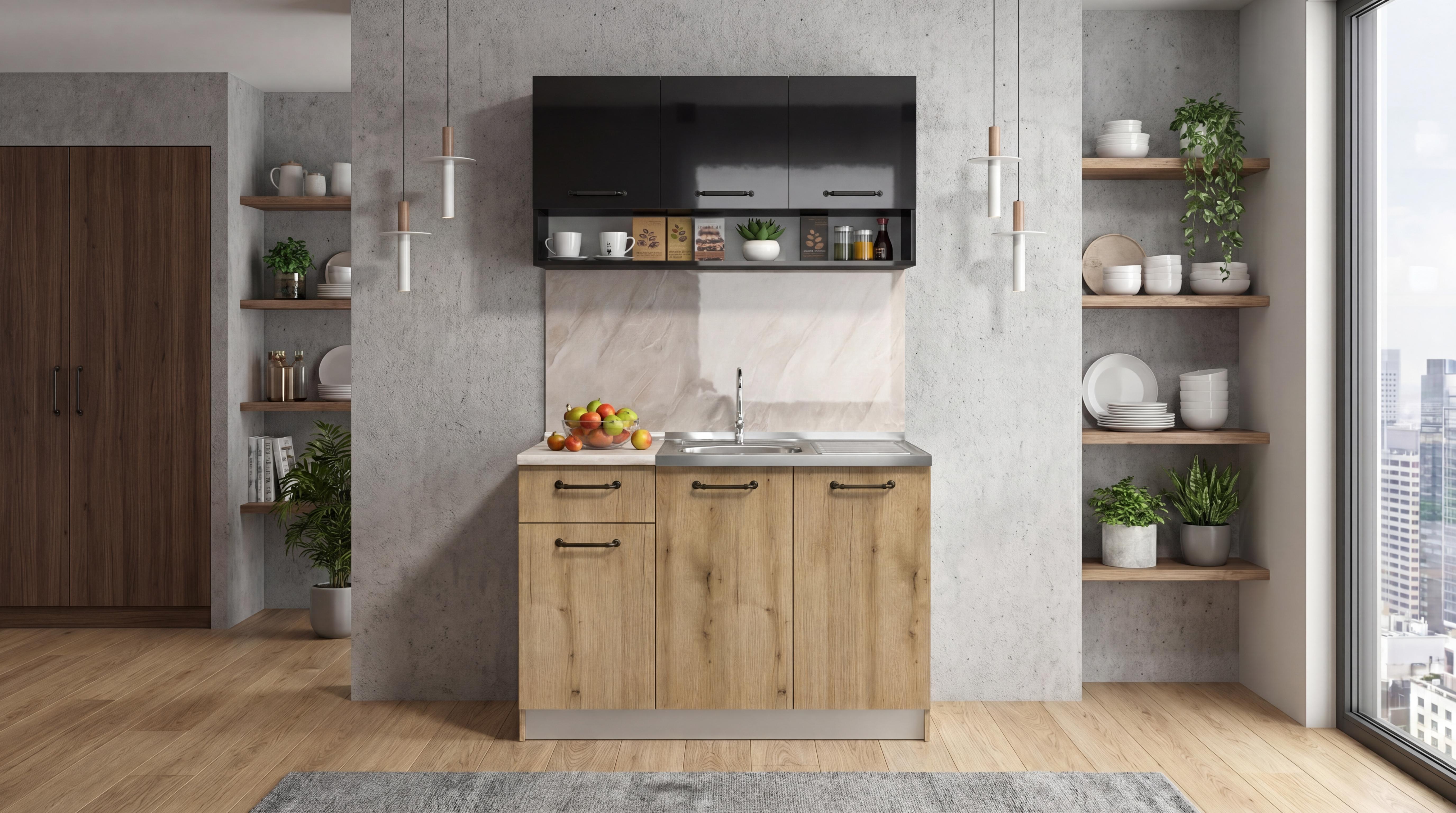 Kitchen with included thermo countertop Ferrero, black gloss + Evoke oak  1